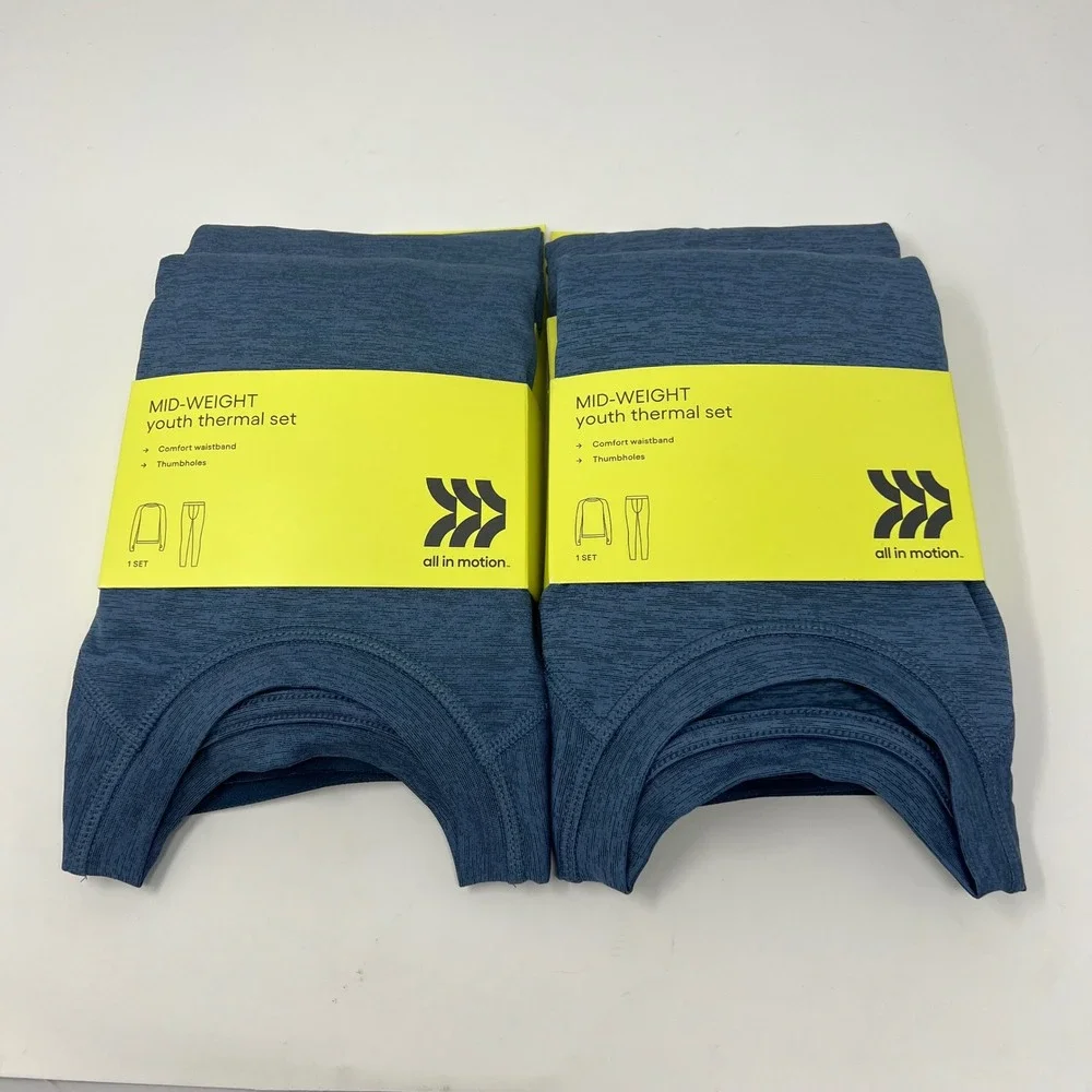 LOT of 2 All In Motion Mid-Weight Thermal Set Youth L 10/12 Blue Thumbholes NWT
